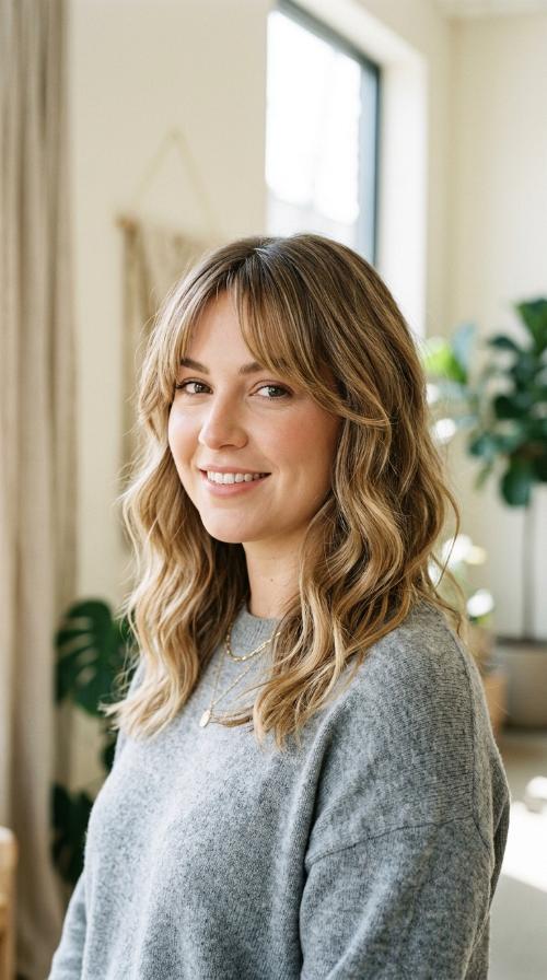 Beachy Waves with Long Curtain Bangs