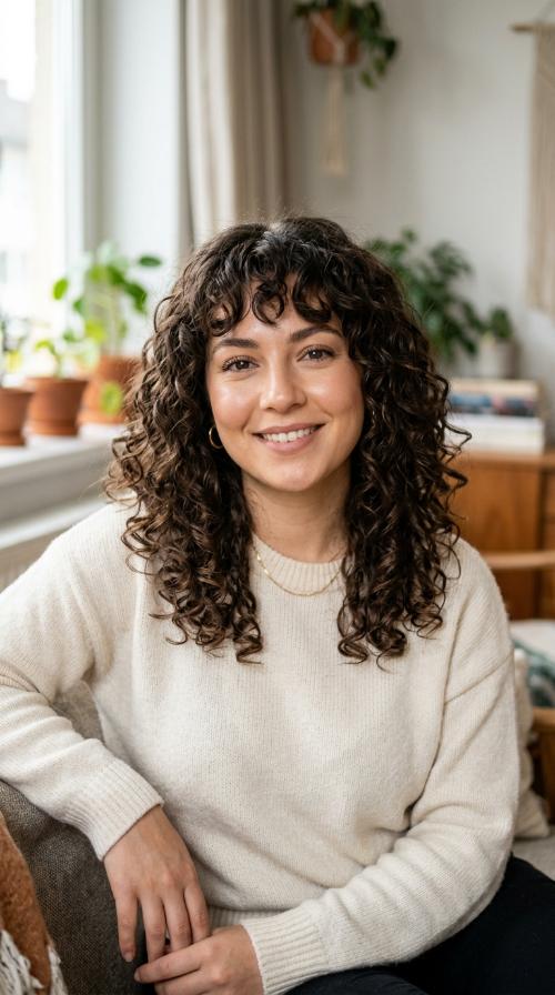 Bottleneck Bangs with Shoulder-Length Curls