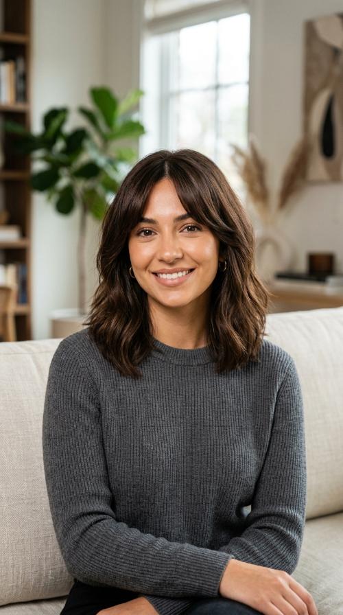 Chocolate Brown Lob with Curtain Bangs