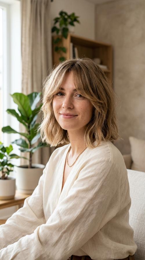 Collarbone Bob with Curtain Bangs
