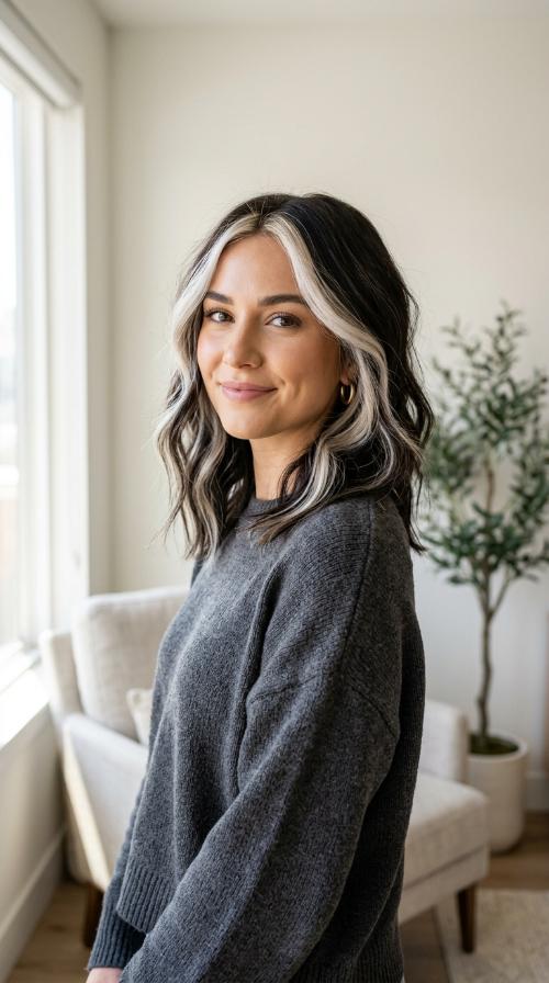 Cool Platinum Streaks on Dark Lob