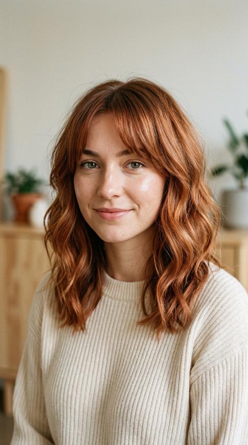 Copper Waves with Curtain Bangs