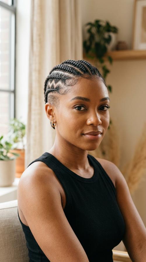 Cornrows with a Bold Zigzag Shaved Part