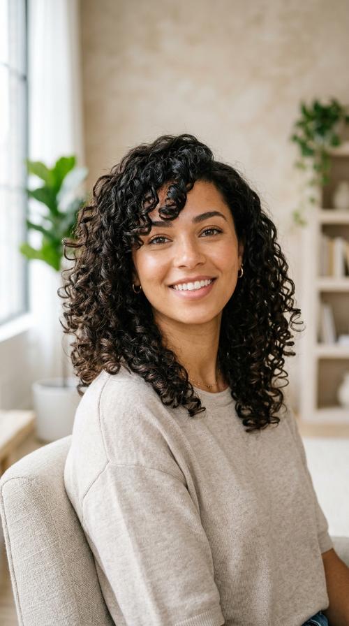 Curls with a Side-Swept Fringe