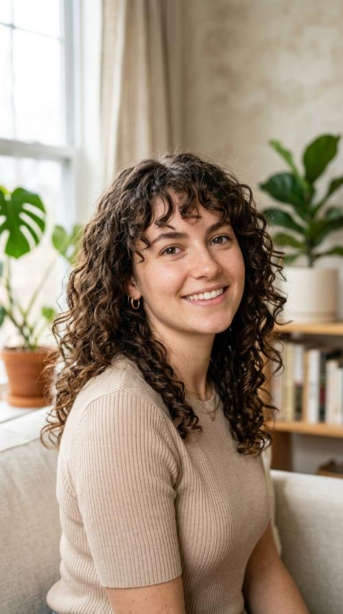 Curls with Bottleneck Wispy Bangs