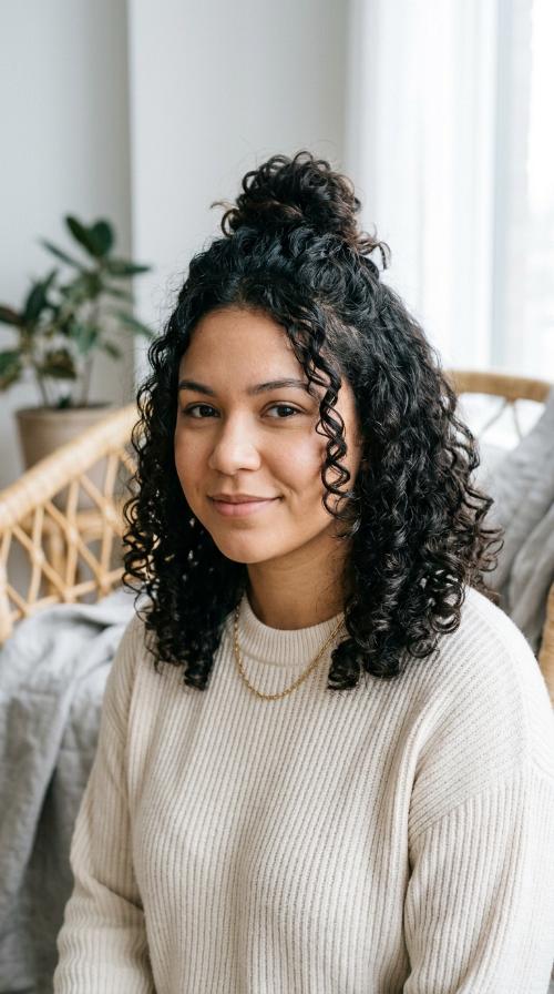 Curly Half-Up Top Knot