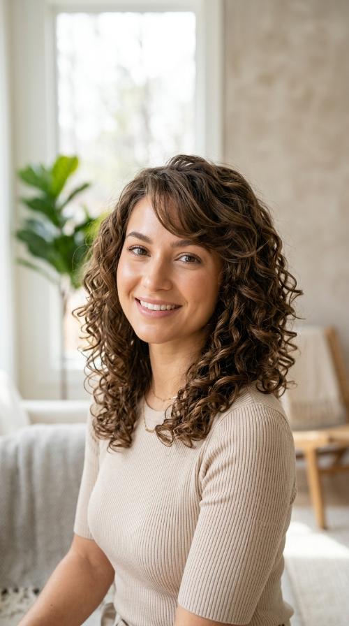 Curly Mid-Length Cut with Side-Swept Bangs
