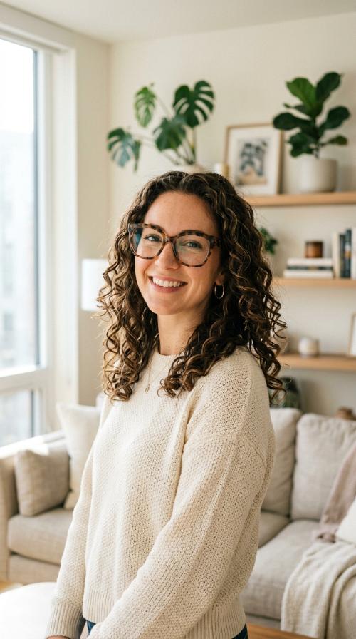 Curly Shoulder-Length Hair with Oversized Frames