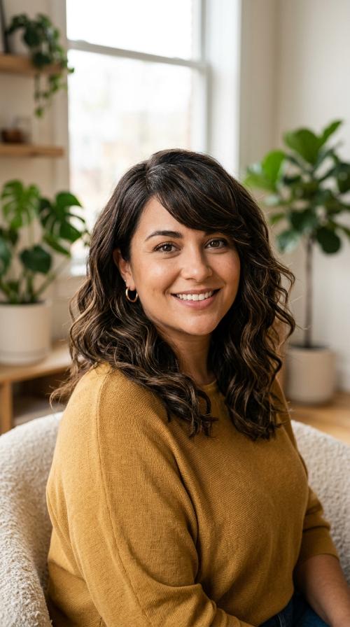 Deep Side-Swept Bangs with Mid-Length Waves
