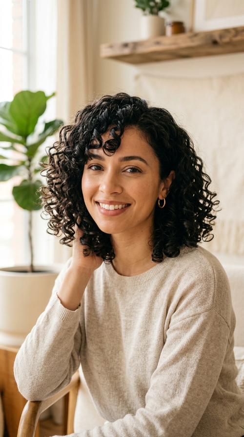 Defined Curly Bob with Side Bangs