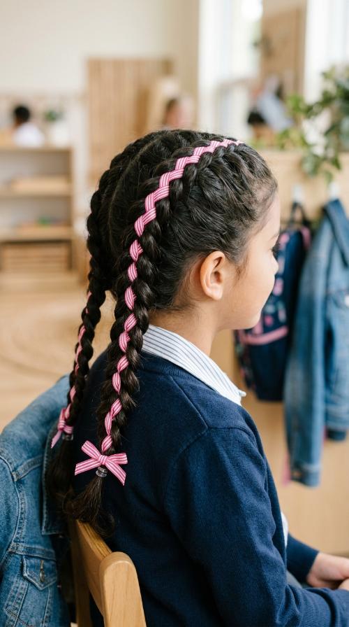 Double Dutch Braids with Ribbon Weave