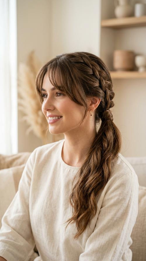 Elegant Low Chignon Braid with Bottleneck Bangs