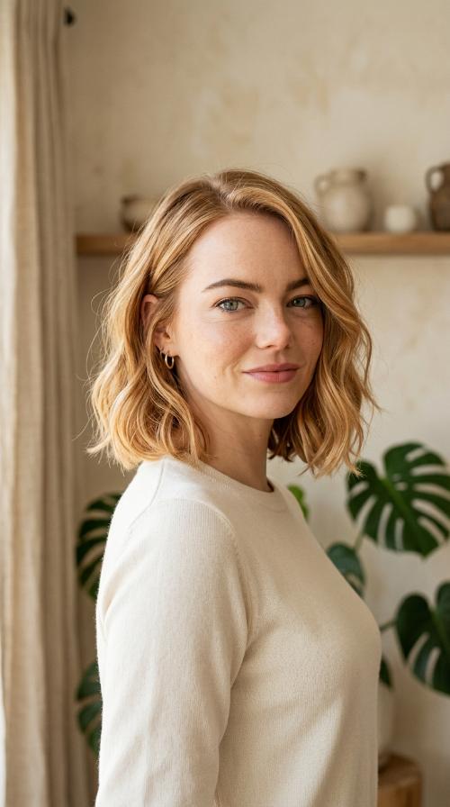 Emma Stone’s Strawberry Blonde Wavy Bob