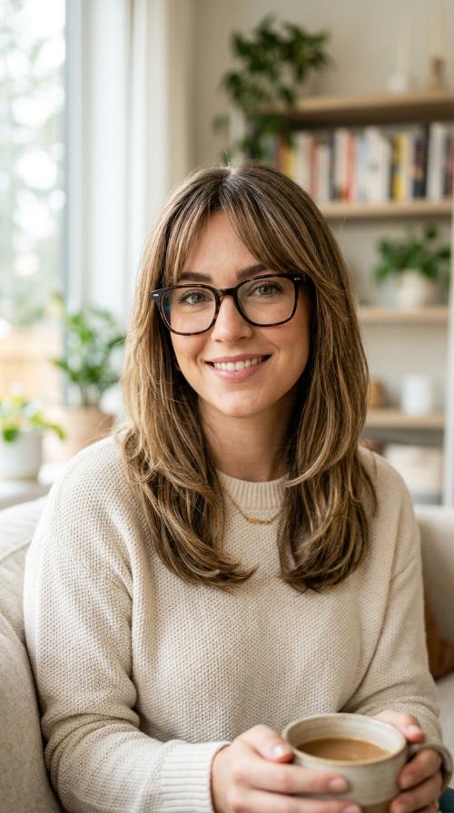 Face-Framing Curtain Bangs with Square Glasses