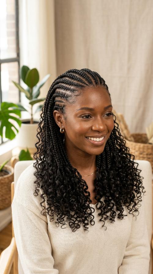 Feed-in Stitch Braids with Curly Ends