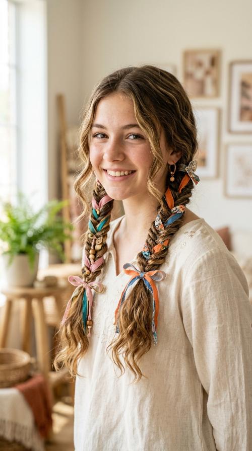 Fishtail Pigtails with Ribbon Accents