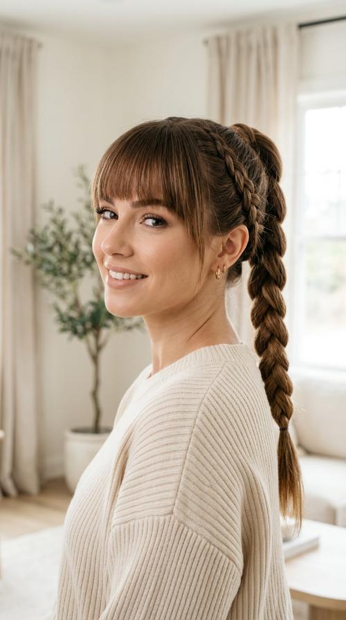 French Braid Wrap with Blunt Bangs