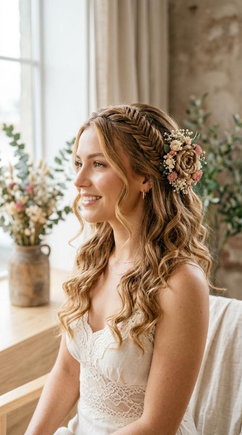 Half-Up Fishtail Flower with Soft Spirals