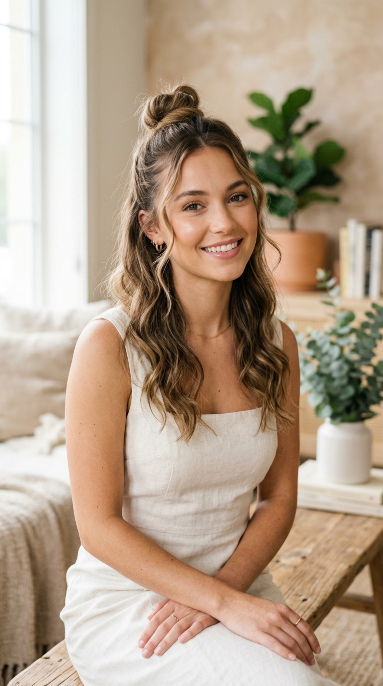 Half-Up Top Knot with Wispy Tendrils