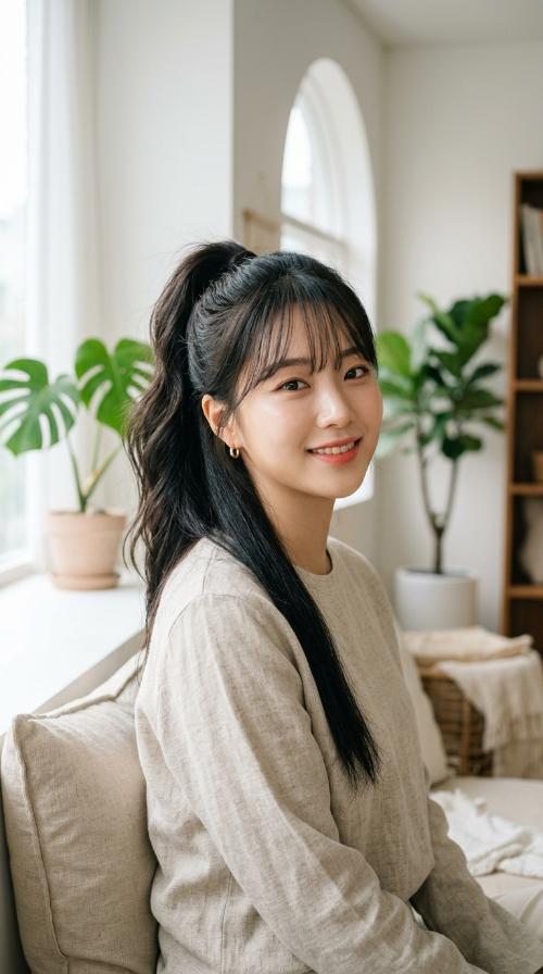 High Ponytail with Side-Swept Airy Bangs
