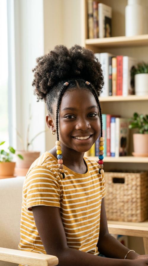High Puff with Beaded Face-Framing Tendrils