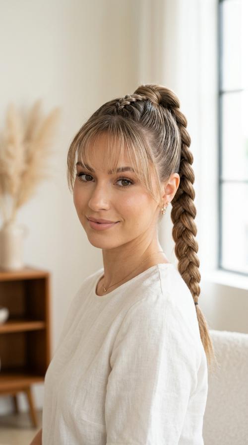 High Sleek Dutch Braid with Wispy Bangs