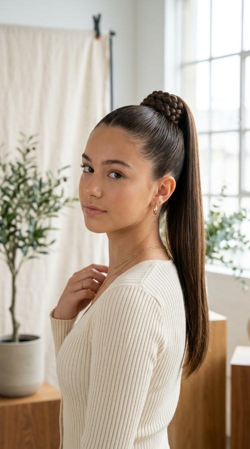 High Sleek Pony with a Braided Wrap