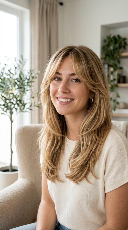 Honey Blonde Balayage with Bangs