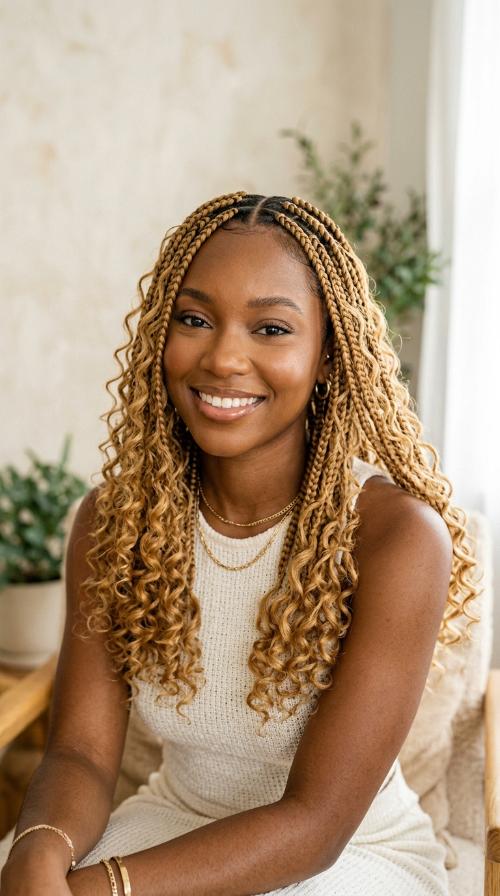 Honey Blonde Braids with Curly Leave-Outs
