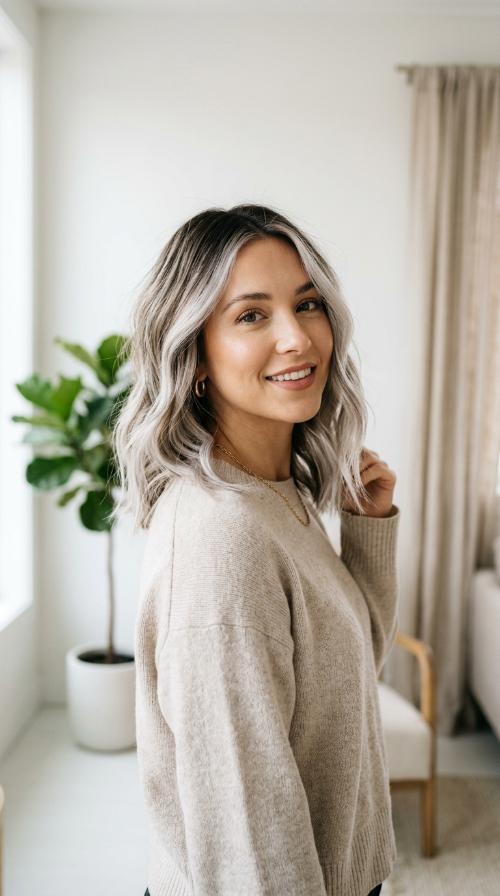 Icy Platinum Balayage with Dark Roots