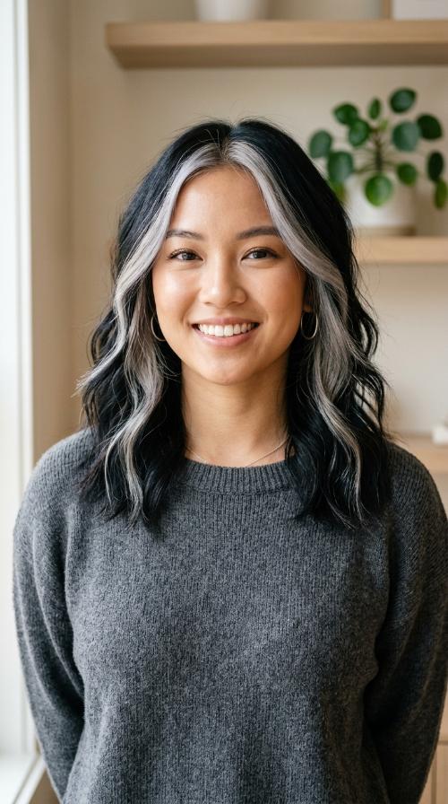 Icy Silver Frame on Jet Black Hair