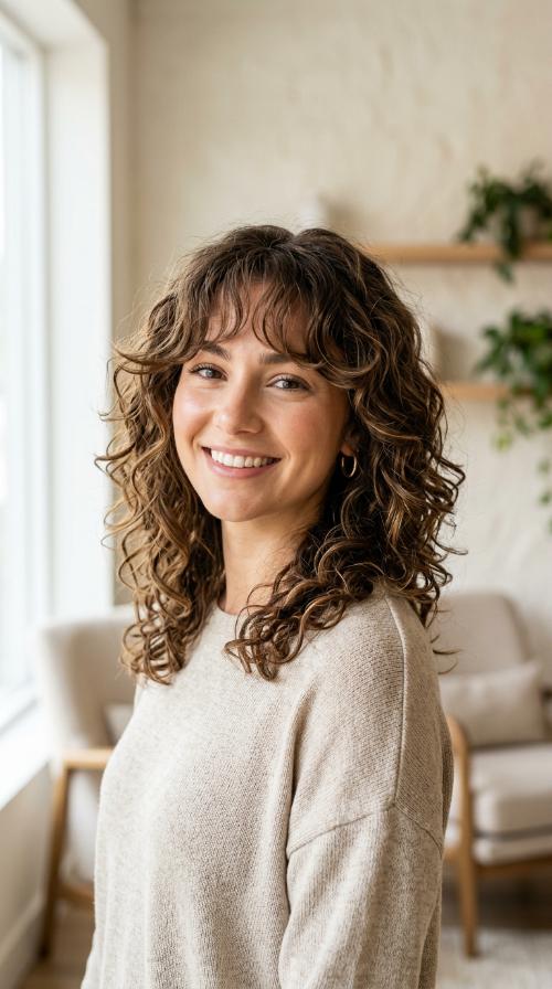 Layered Curls with Soft Bangs