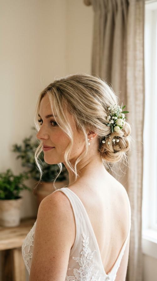 Loosely Knotted Low Bun with Face-Framing Tendrils