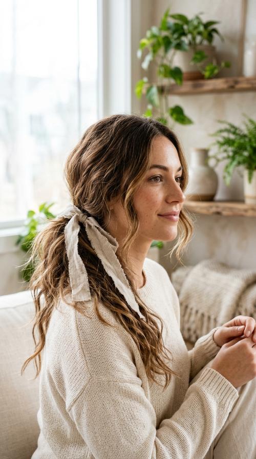 Low Bohemian Ponytail with Ribbon