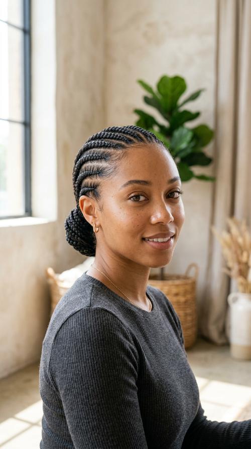 Low Bun with Thin Cornrows