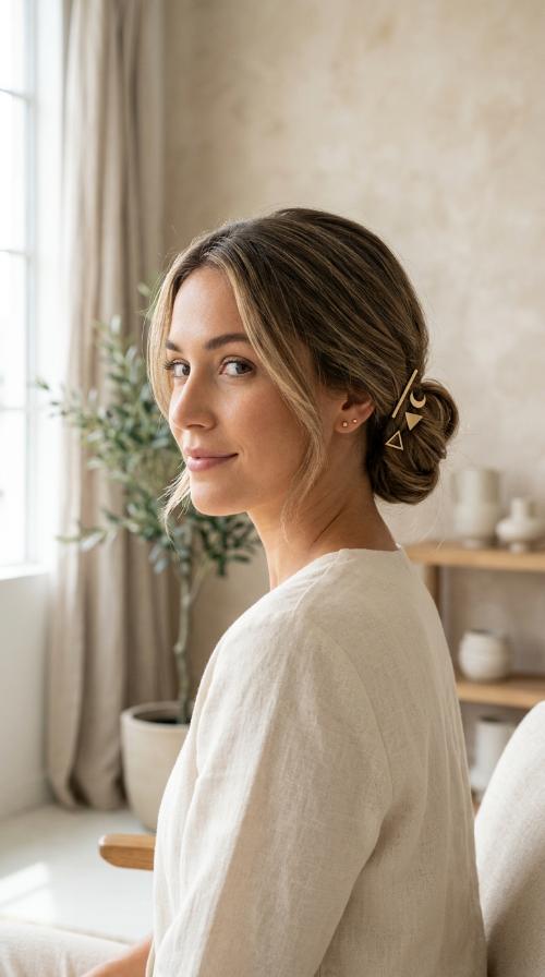 Low Chignon with Minimalist Hair Clips