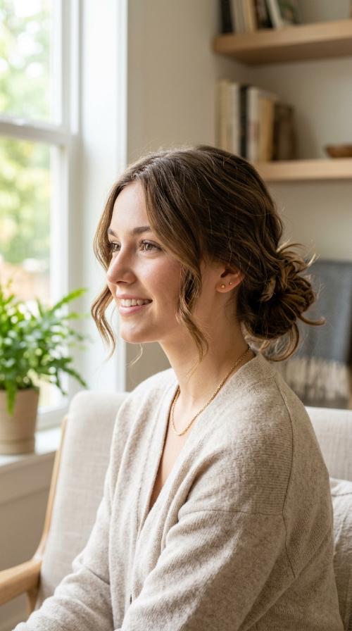 Low Messy Bun with Face-Framing Strands