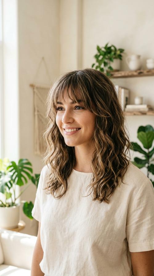 Messy Beach Waves with Airy Bangs