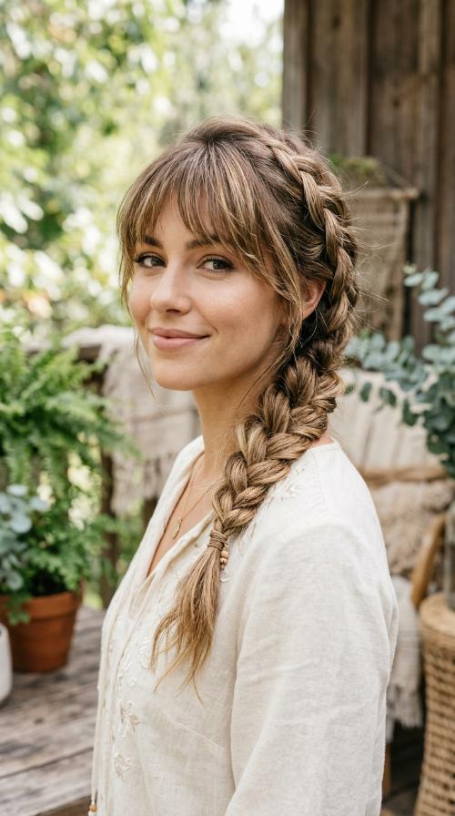 Messy Boho Side Braid with Shaggy Bangs