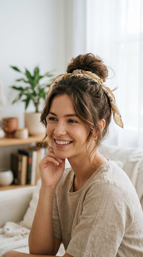 Messy Bun with a Silk Scarf