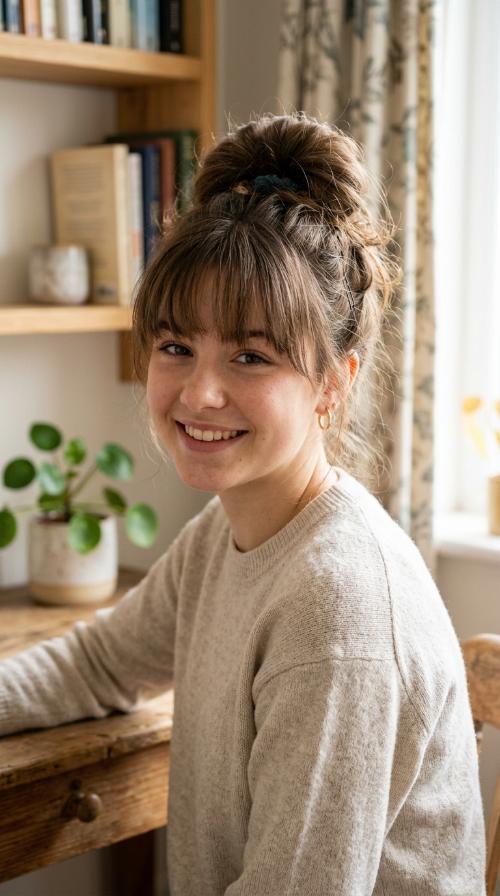 Messy Bun with Bangs