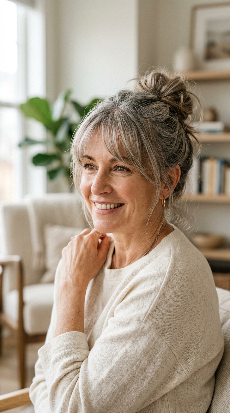 Messy Bun with Face-Framing Bangs