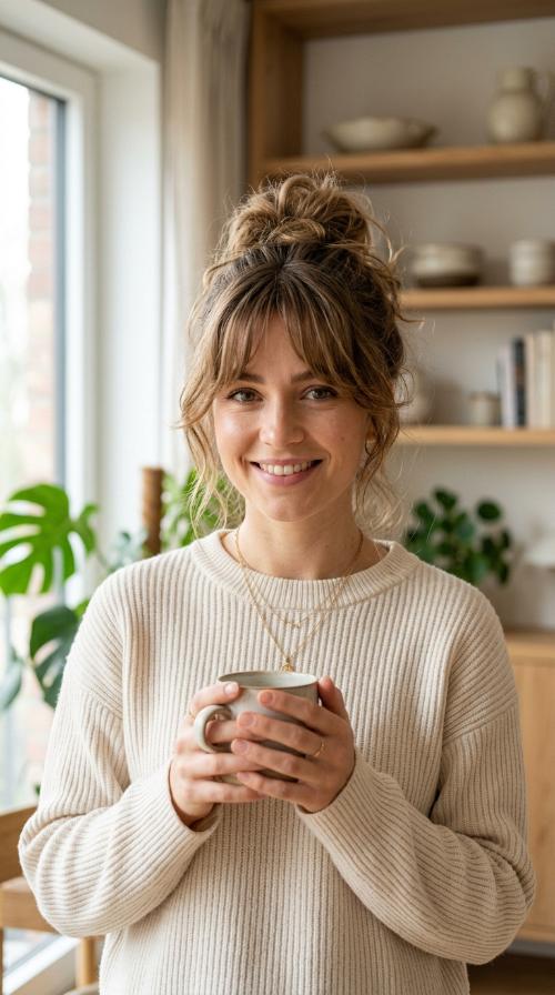 Messy Bun with Face-Framing Fringe