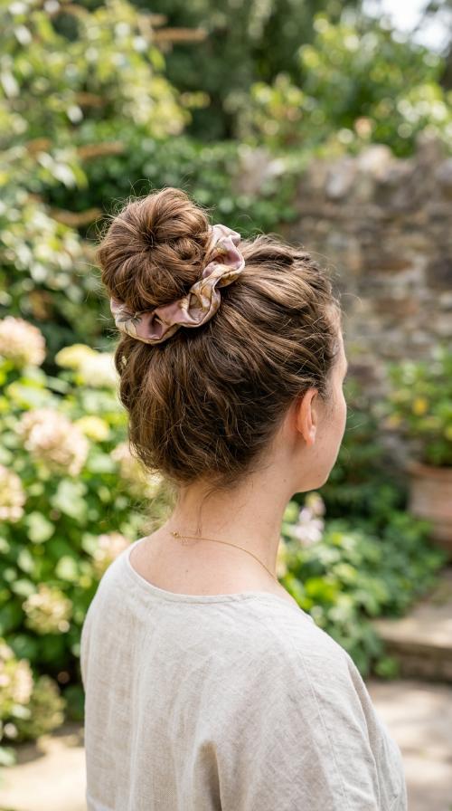 Messy High Bun with a Silk Scrunchie