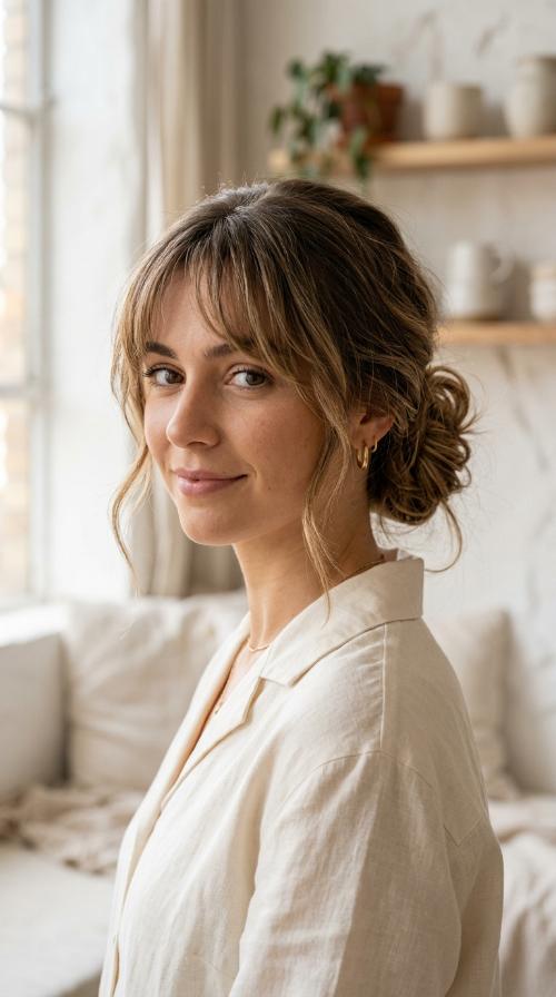 Messy Low Bun with Wispy Bangs