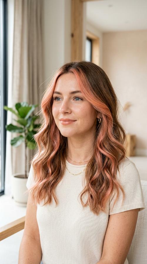 Peachy Pink Balayage on Golden Base