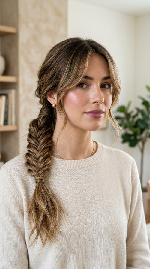 Romantic Fishtail Ponytail with Curtain Bangs
