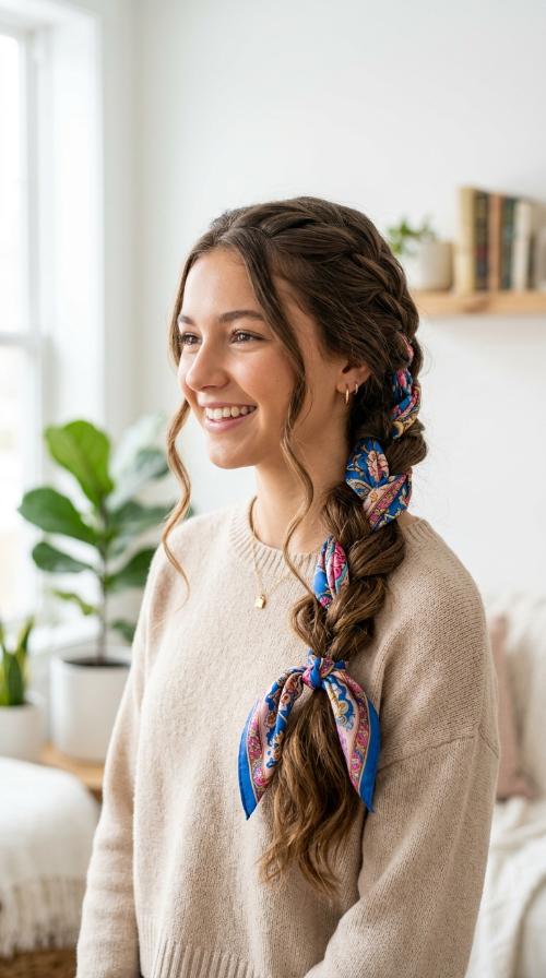 Romantic Side Braid with Scarf