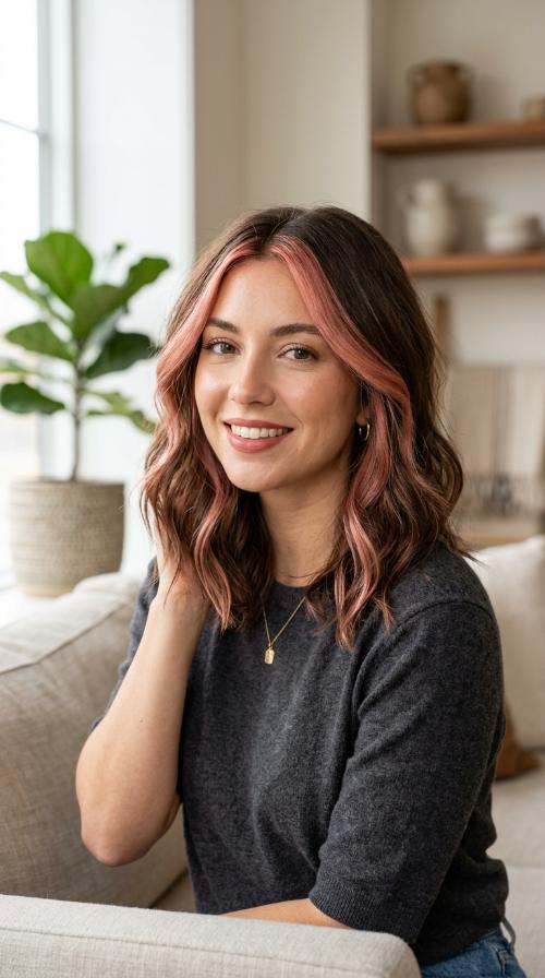Rose Gold Face Framing on Chocolate Hair