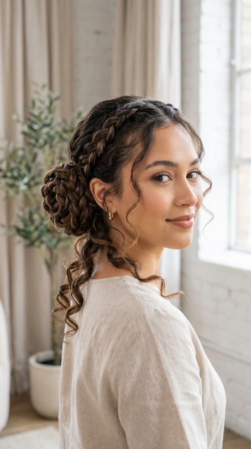 Rose-Shaped Braided Bun with Ringlets